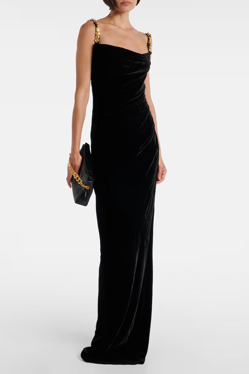 mag black Metal chain strap square neck velvet maxi dress Avalabel