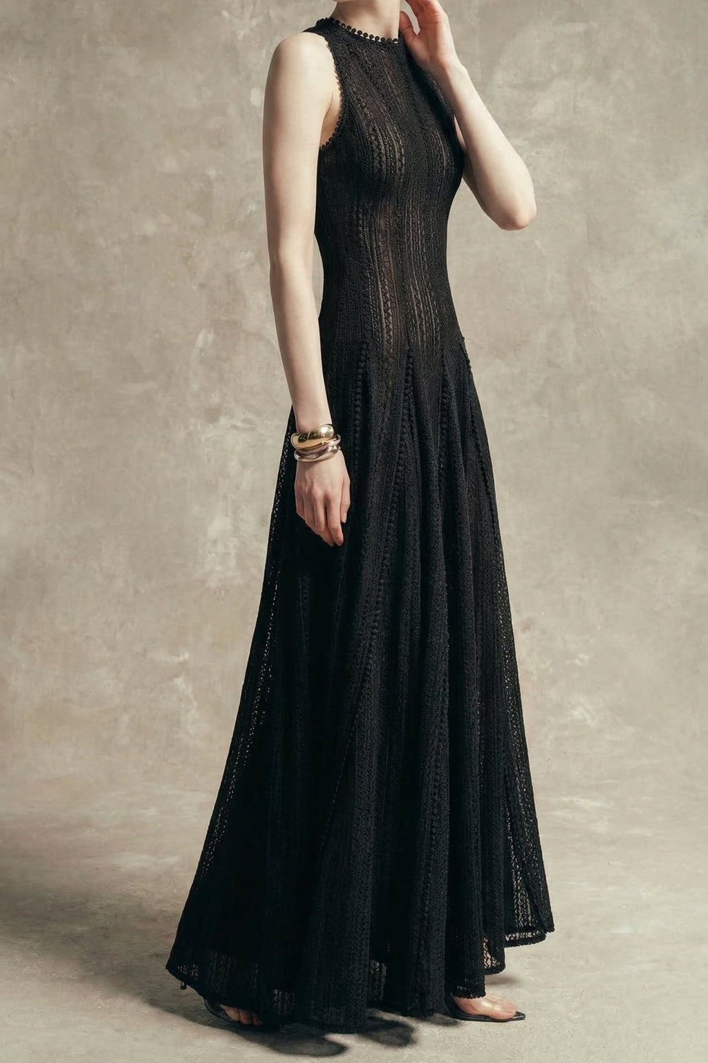 Sleeveless Lace Crochet Maxi Dress in Black Avalabel