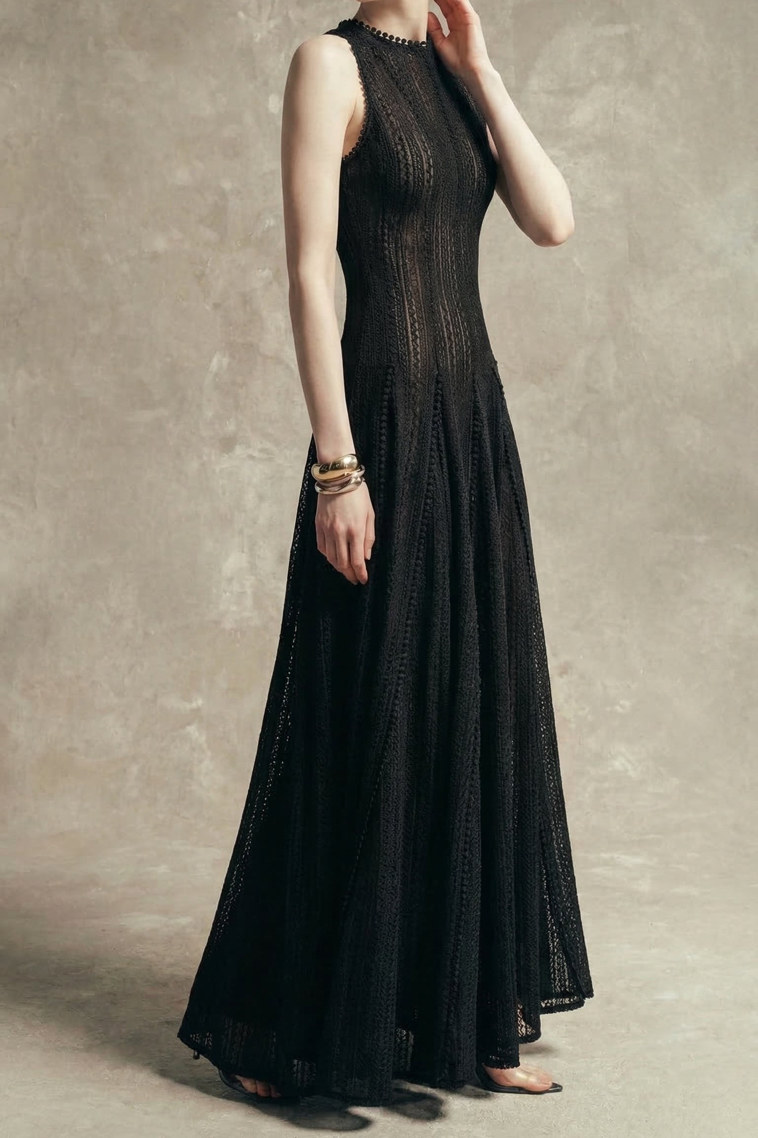 Sleeveless Lace Crochet Maxi Dress in Black Avalabel