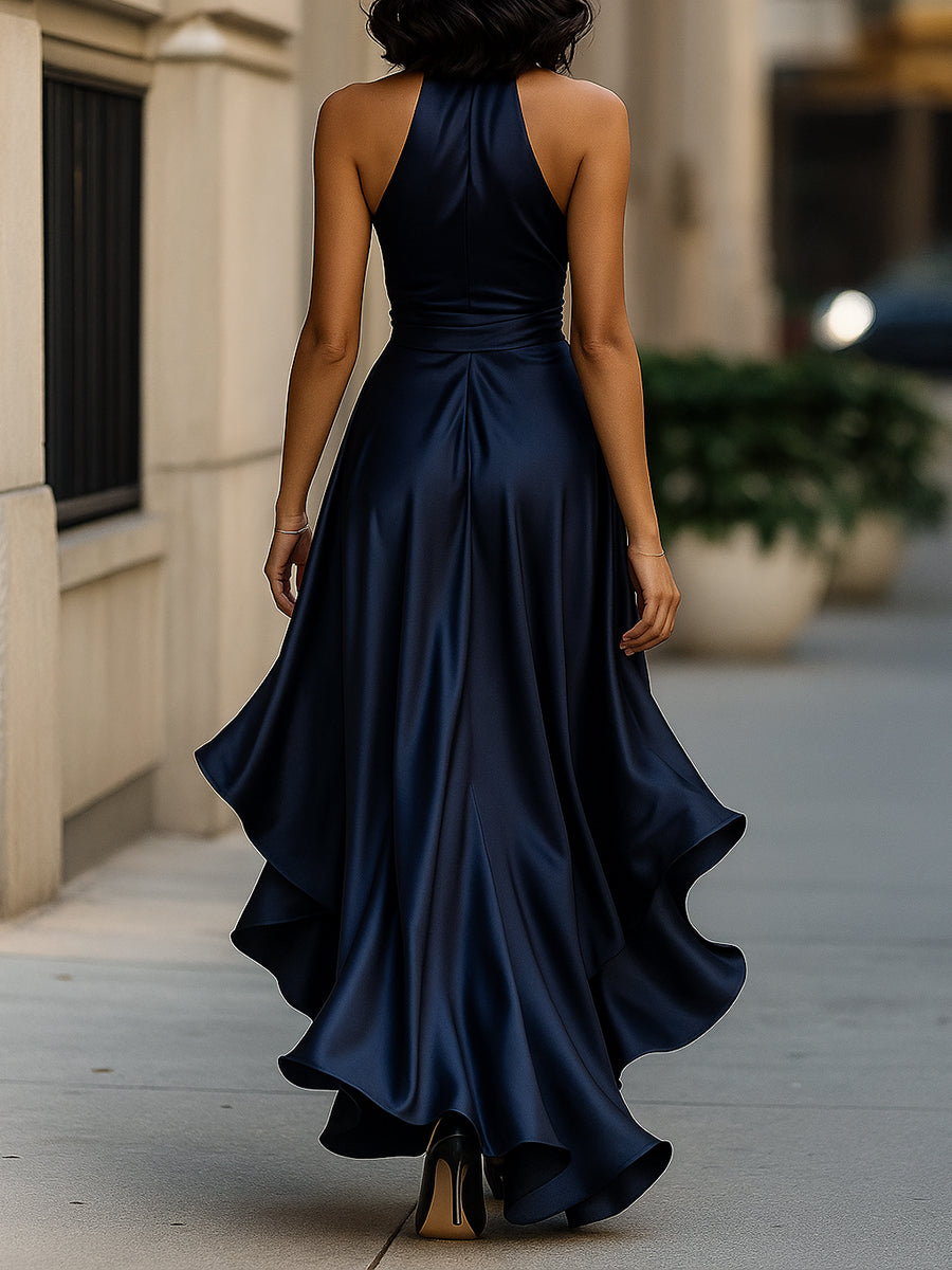 Midnight Elegance Satin Halter Ruffle Gown Avalabel
