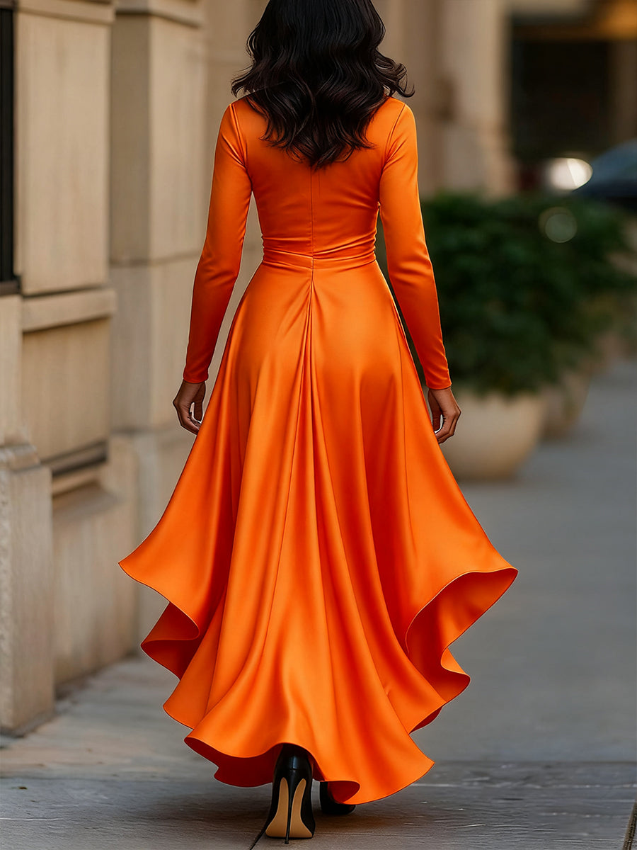 Midnight Blue Draped Satin Maxi Dress With Ruffle Details Avalabel