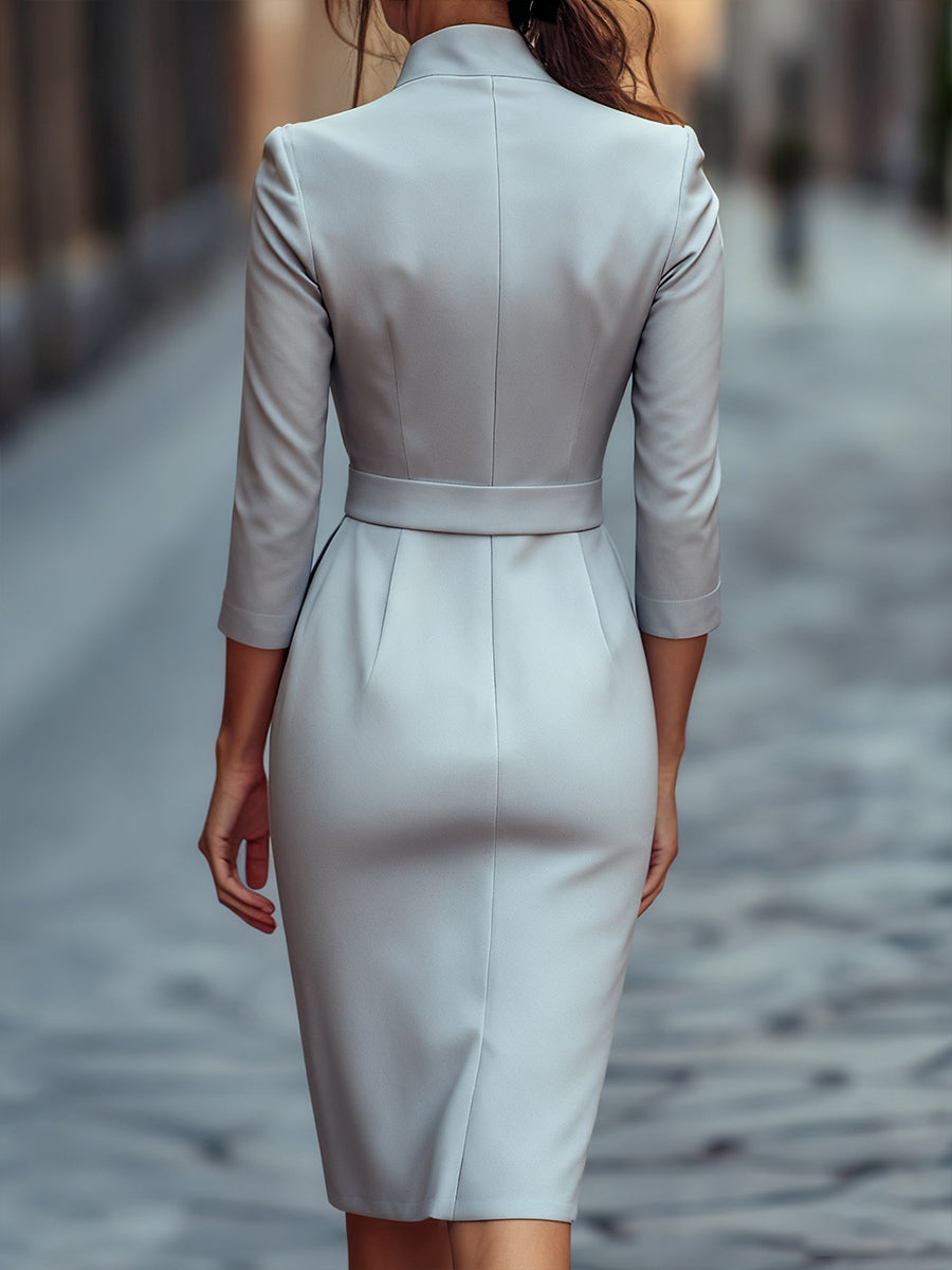Refined Black Belted Sheath Dress with Mandarin Collar Avalabel
