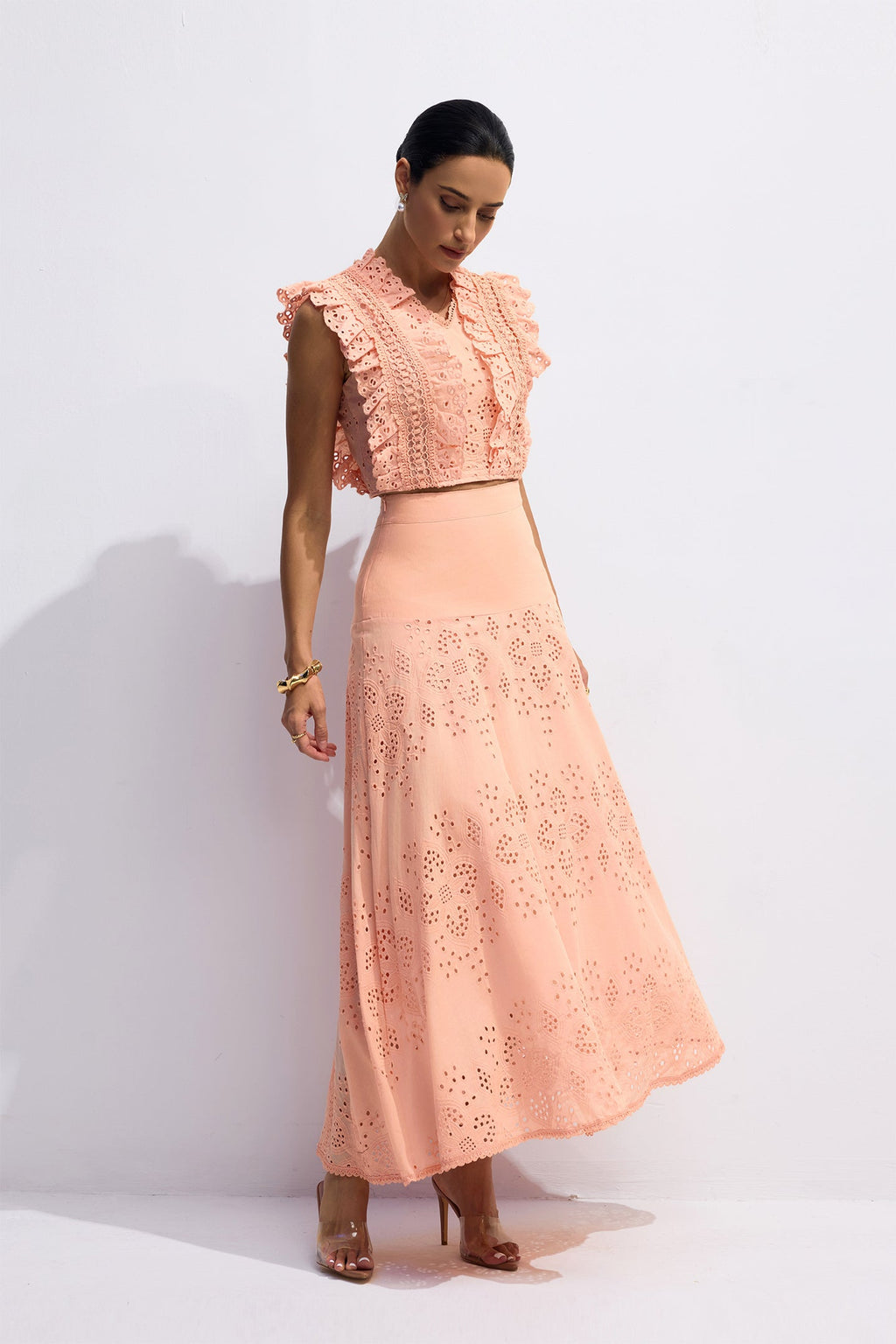 Bonnie V-Neck Embroidery Crop Top & Skirt Set in Orange Avalabel