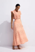 Bonnie V-Neck Embroidery Crop Top & Skirt Set in Orange Avalabel