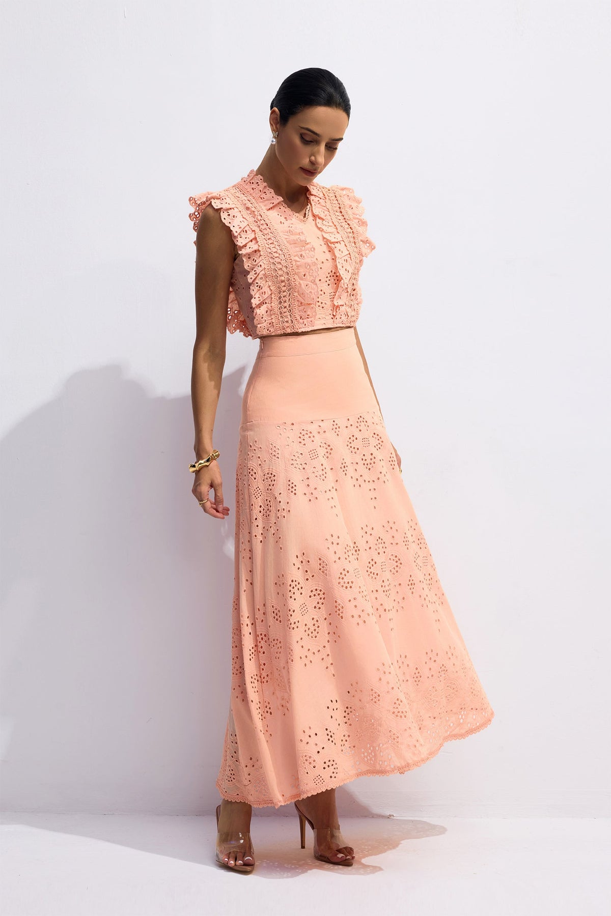 Bonnie V-Neck Embroidery Crop Top & Skirt Set in Orange Avalabel