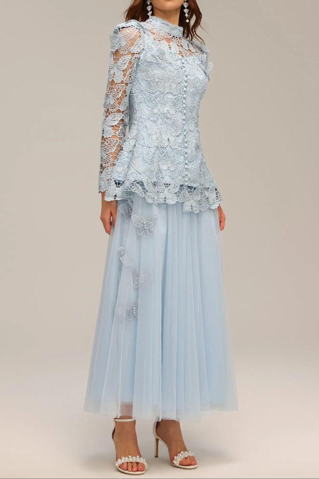 yvette blue Long Sleeve Folds Lace Butterfly Top And Skirt Two-Piece Set Avalabel
