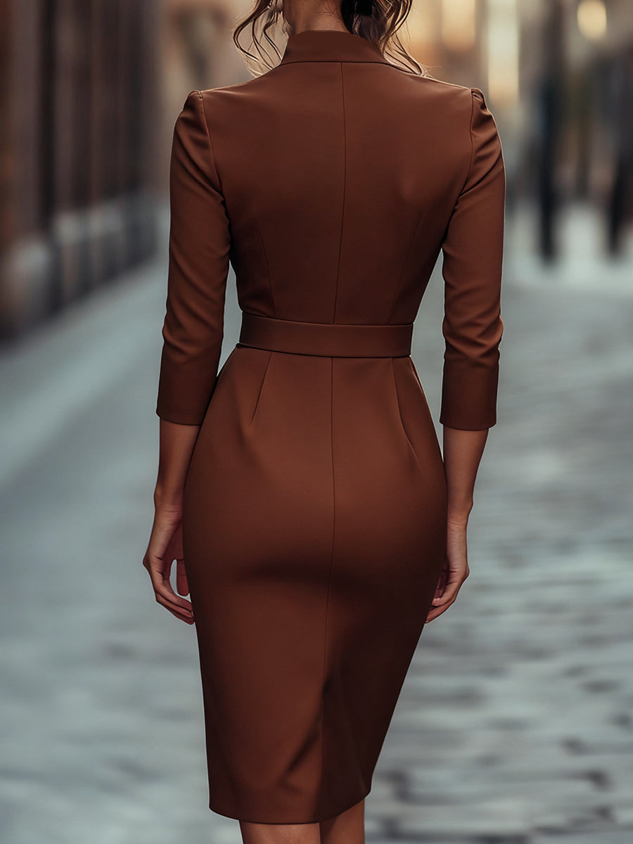 Refined Black Belted Sheath Dress with Mandarin Collar Avalabel