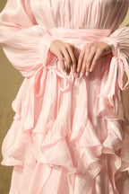 Pandora Puff Sleeve Ruffle Trim Maxi Dress in Pink Avalabel
