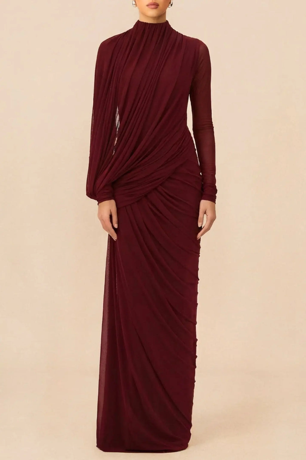 liz High Neck Asymmetric Drape ruched Maxi Dress in burgundy Avalabel