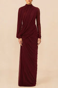 liz High Neck Asymmetric Drape ruched Maxi Dress in burgundy Avalabel