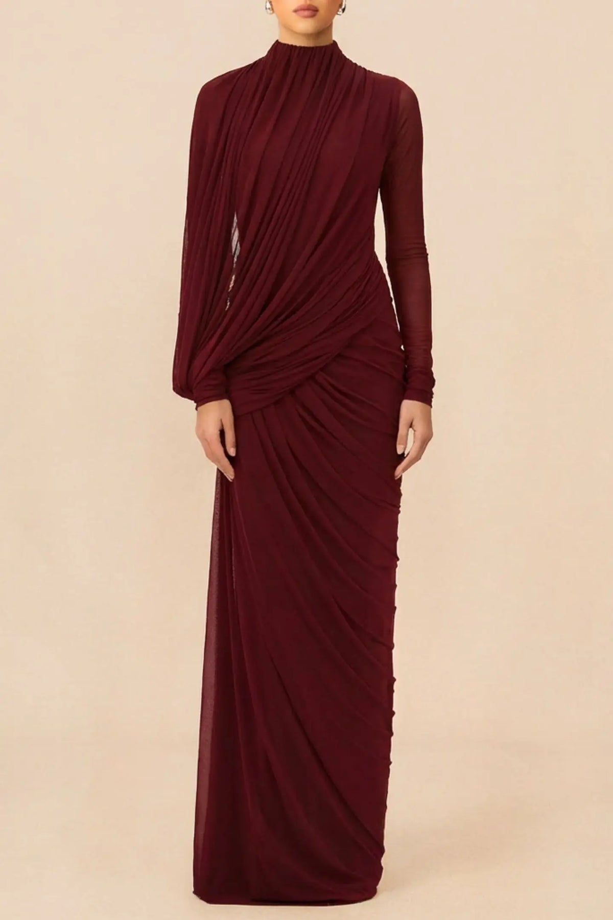 liz High Neck Asymmetric Drape ruched Maxi Dress in burgundy Avalabel