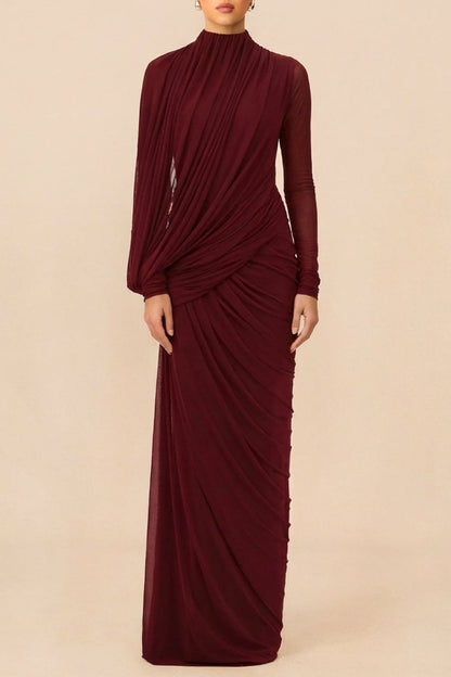 liz High Neck Asymmetric Drape ruched Maxi Dress in burgundy