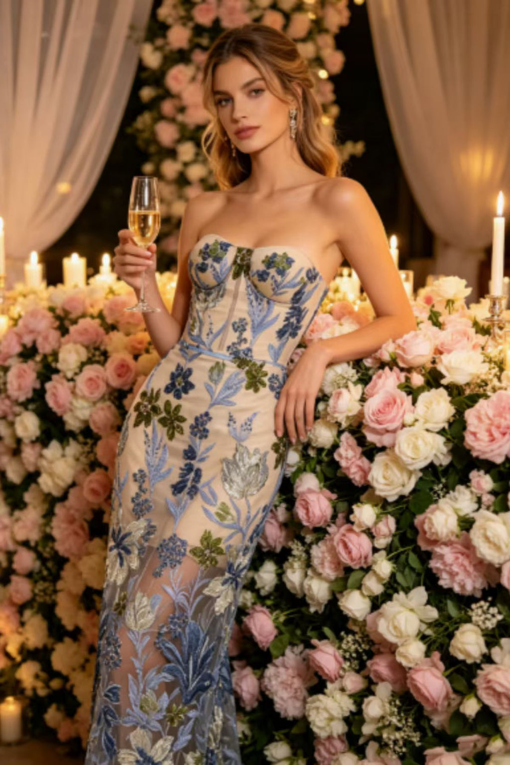 Allyson Strapless Floral Embroidered Tulle Maxi Dress Avalabel