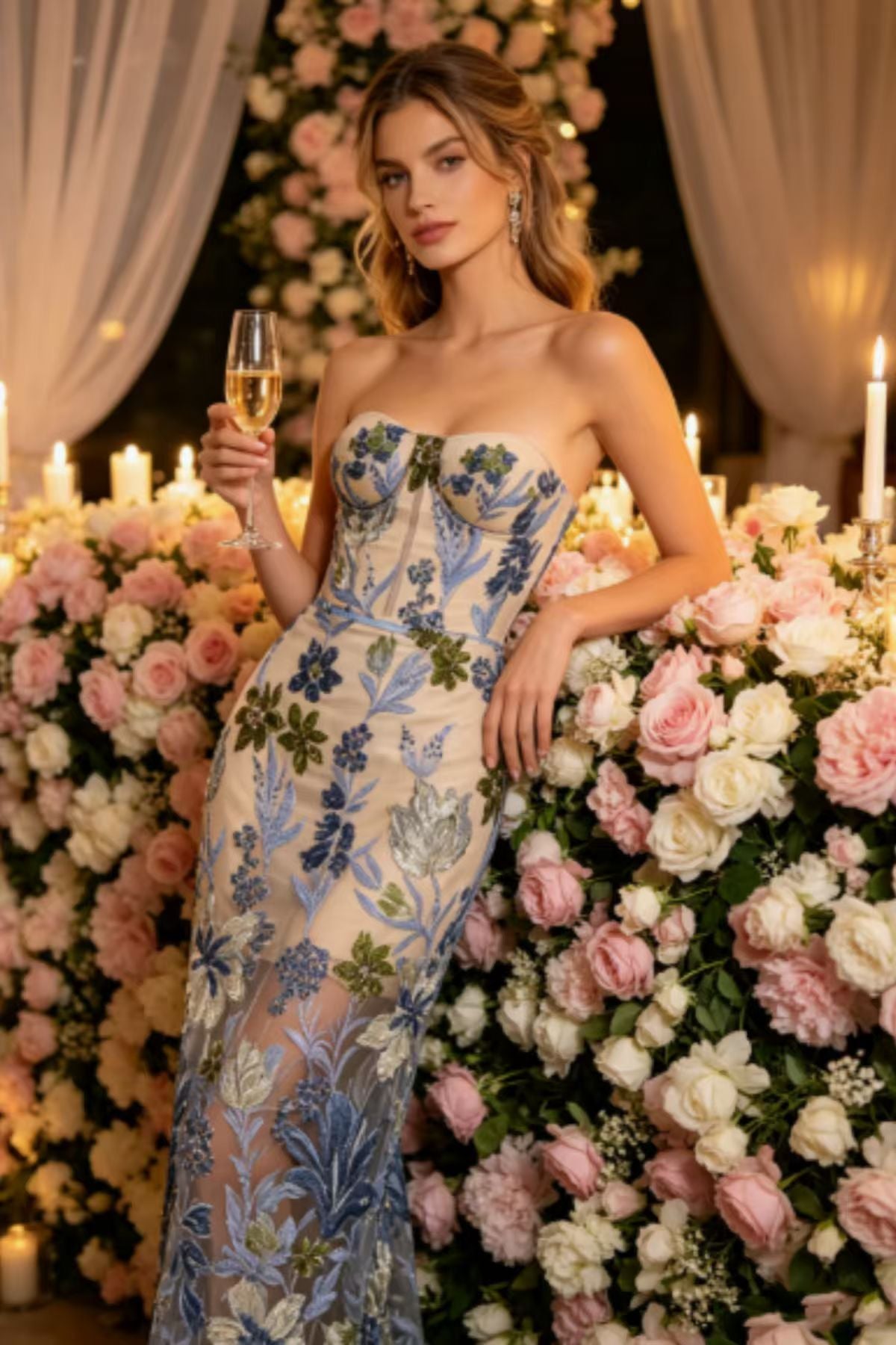Allyson Strapless Floral Embroidered Tulle Maxi Dress Avalabel