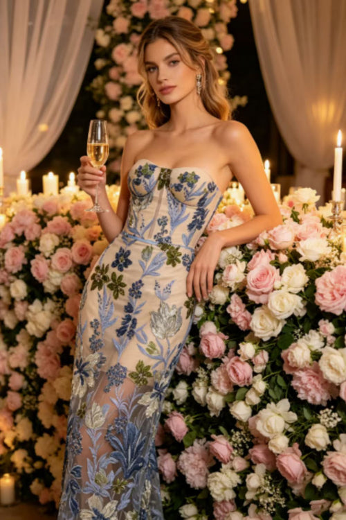 Allyson Strapless Floral Embroidered Tulle Maxi Dress Avalabel