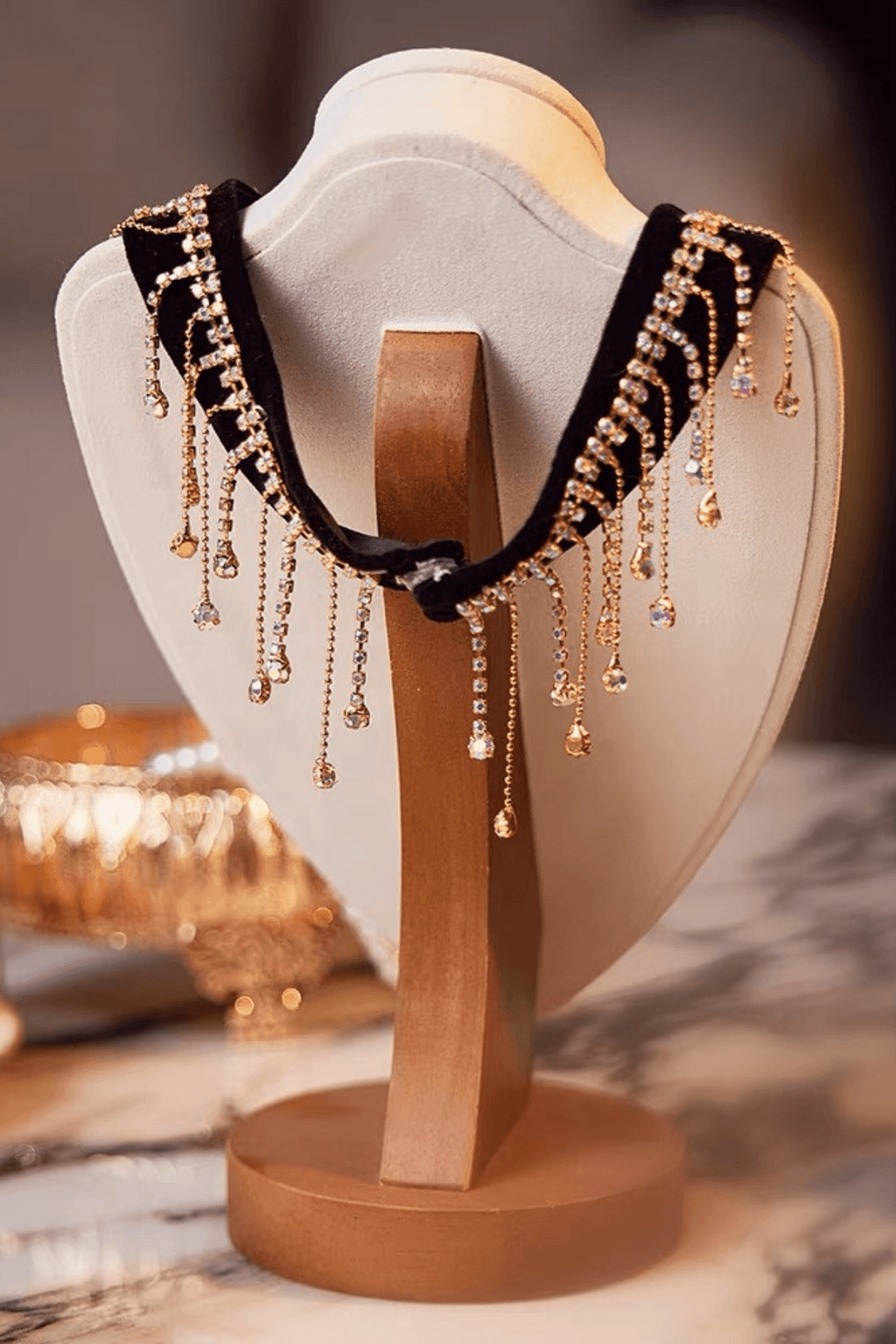 Black Velvet Gold Crystal Fringe Choker Necklace Avalabel
