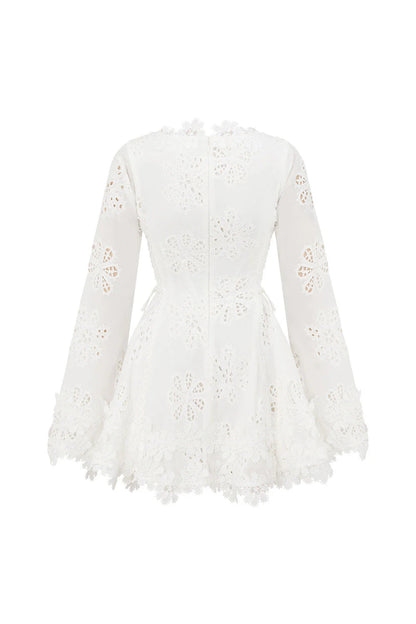 Flower Embroidery Hollow Mini Dress in White