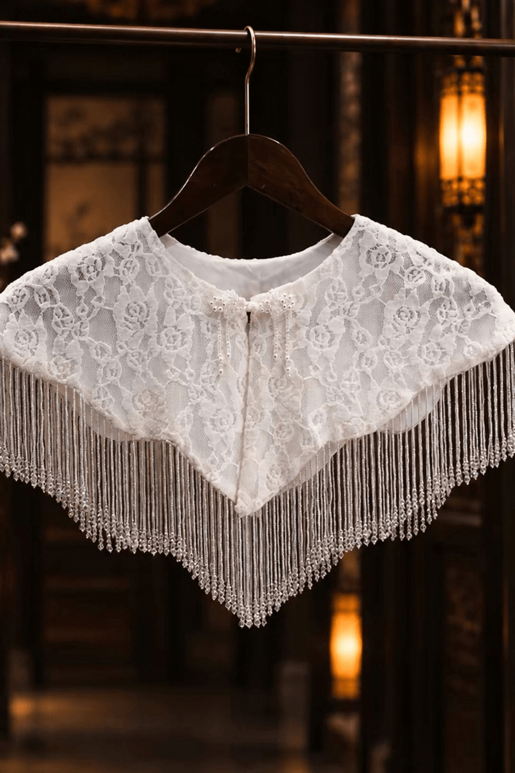 White Lace Beaded Fringe Capelet Shawl Avalabel