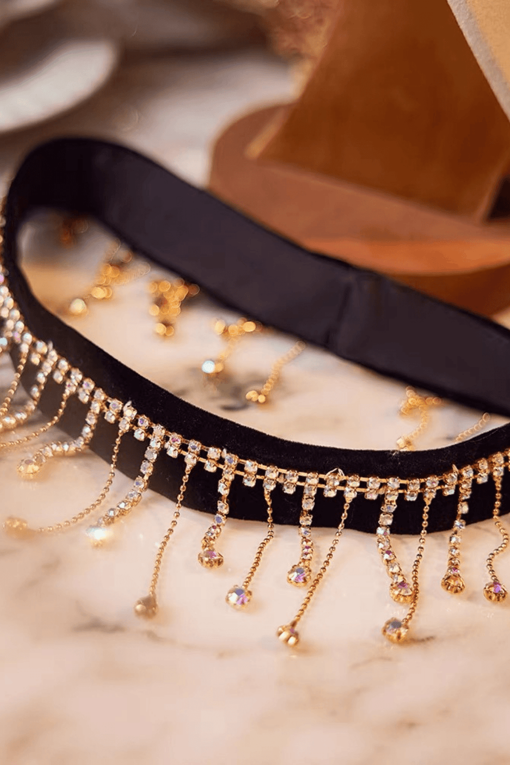 Black Velvet Gold Crystal Fringe Choker Necklace Avalabel