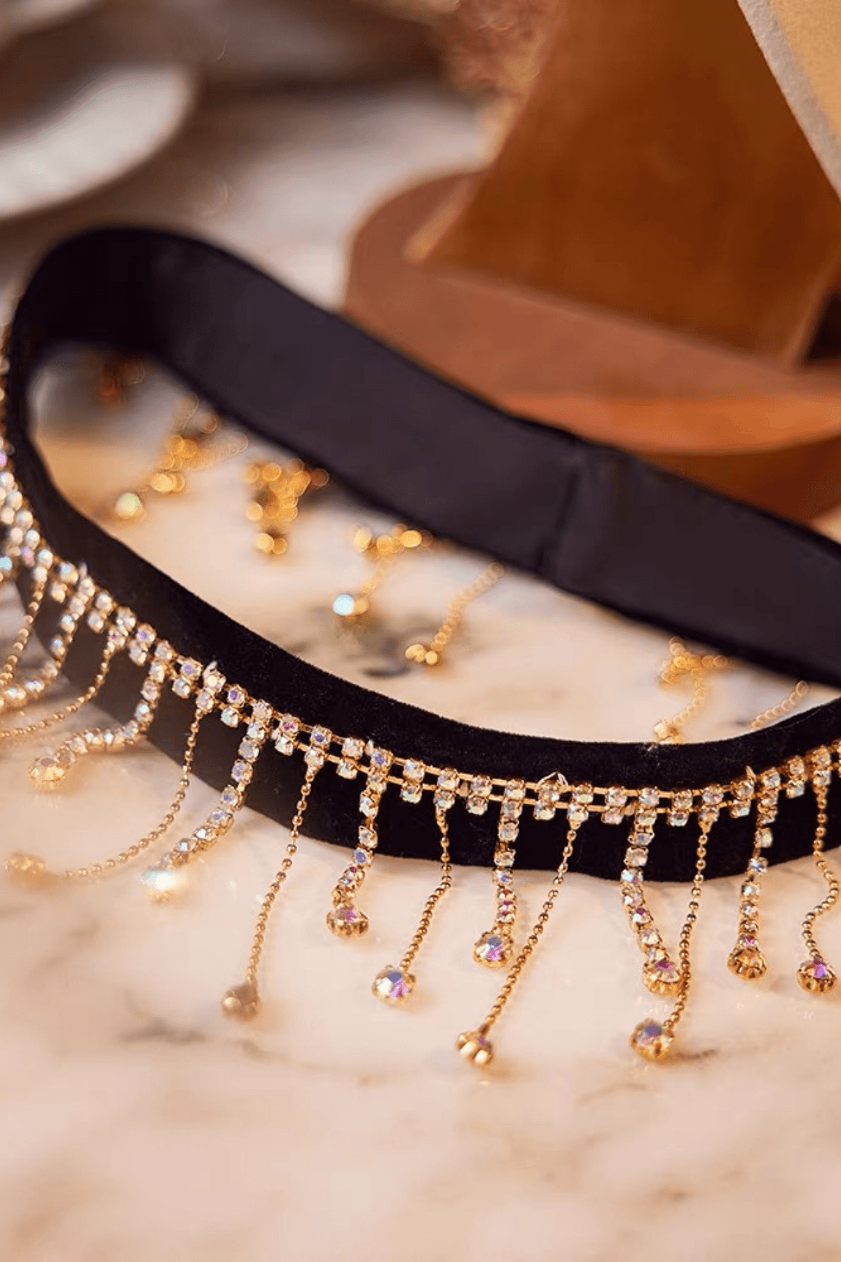 Black Velvet Gold Crystal Fringe Choker Necklace Avalabel