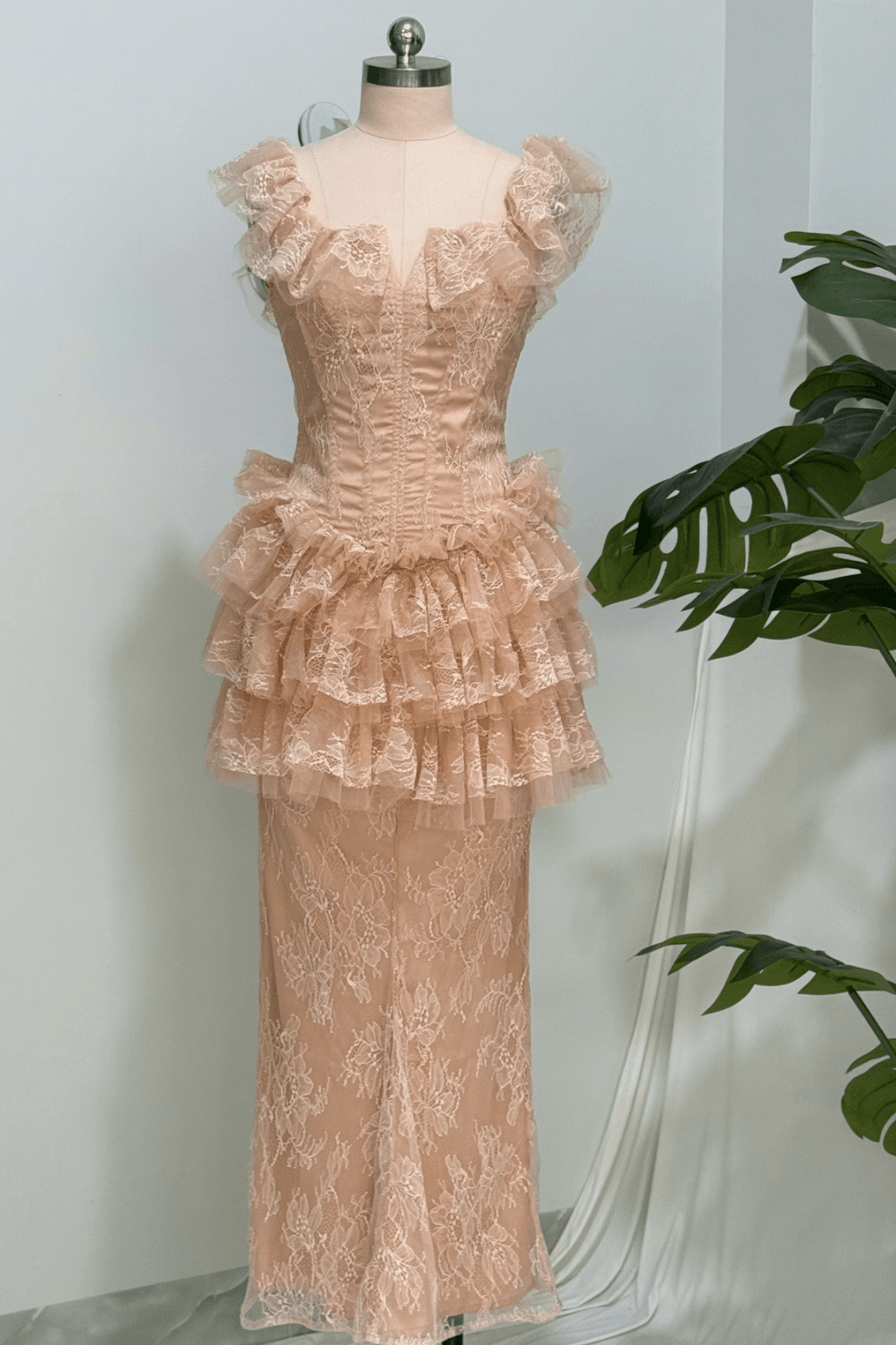 Bella Pink Lace Ruffle Corset Mermaid Dress Avalabel