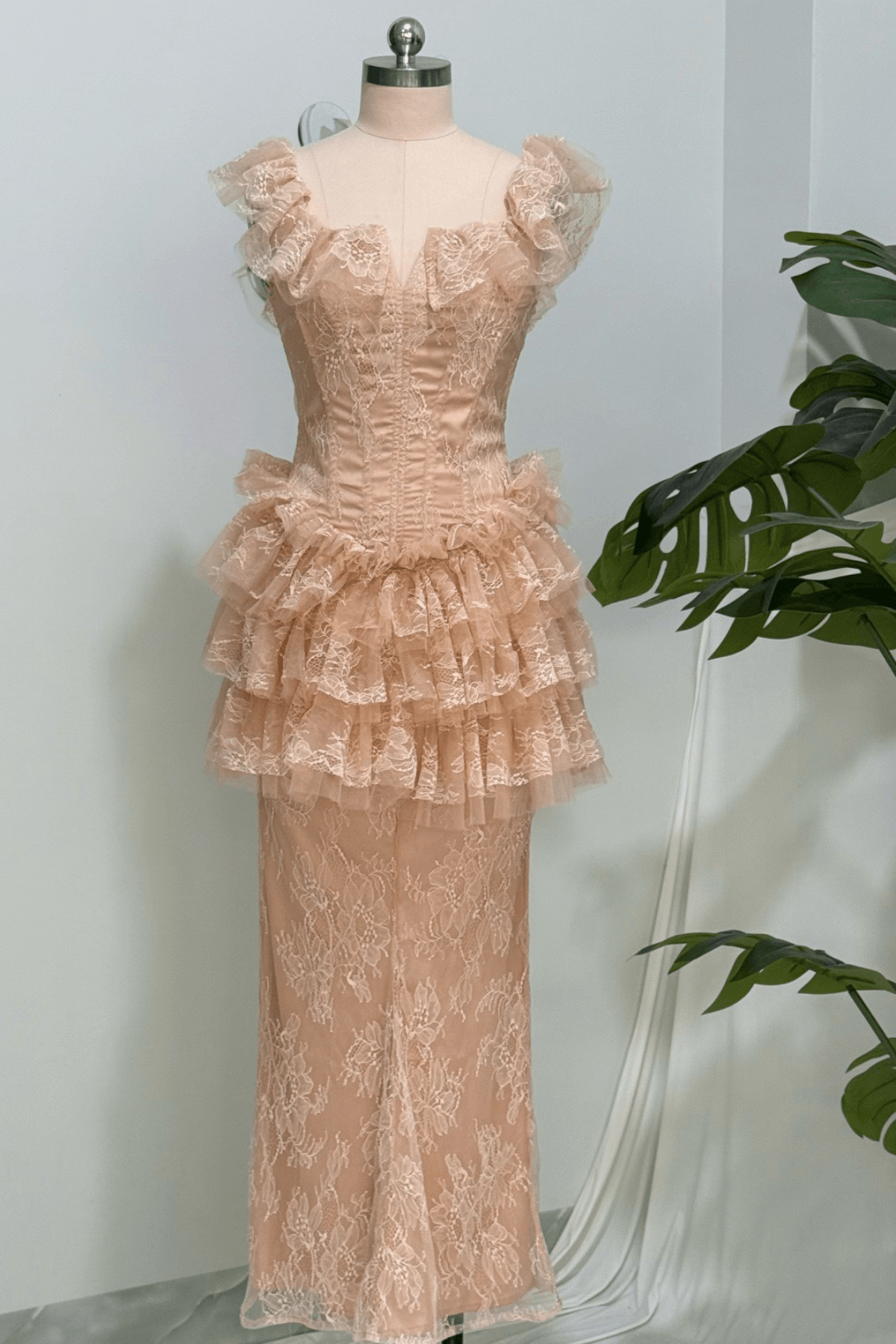 Bella Pink Lace Ruffle Corset Mermaid Dress Avalabel