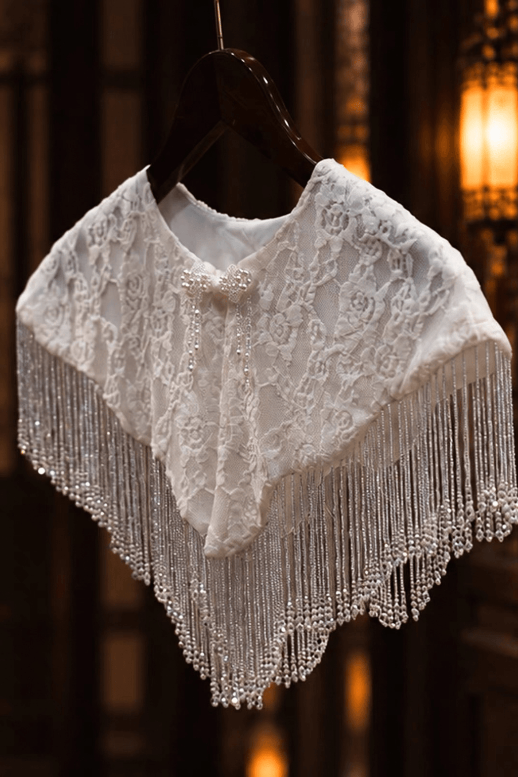 White Lace Beaded Fringe Capelet Shawl Avalabel