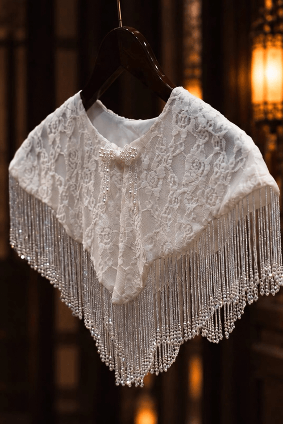 White Lace Beaded Fringe Capelet Shawl Avalabel