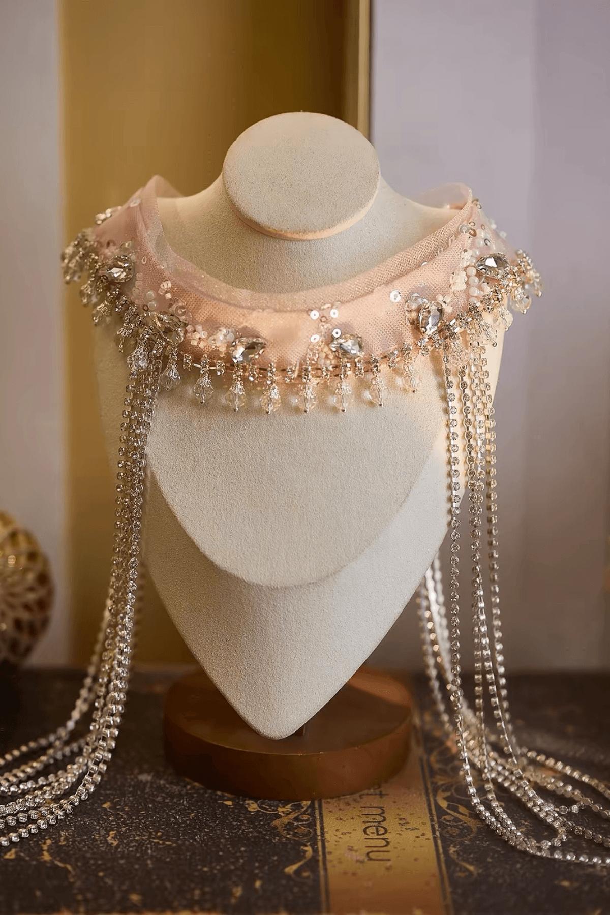 Pink Crystal Pearl Long Fringe Choker Necklace Avalabel