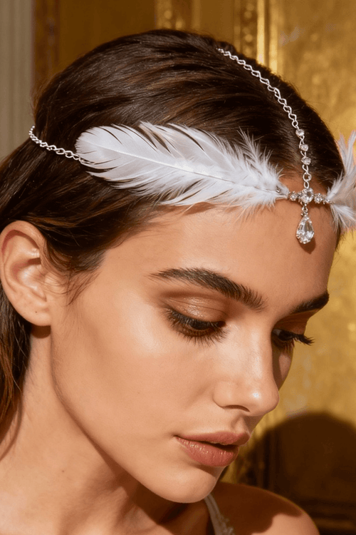 Boho White Feather Crystal Forehead Head Chain Avalabel