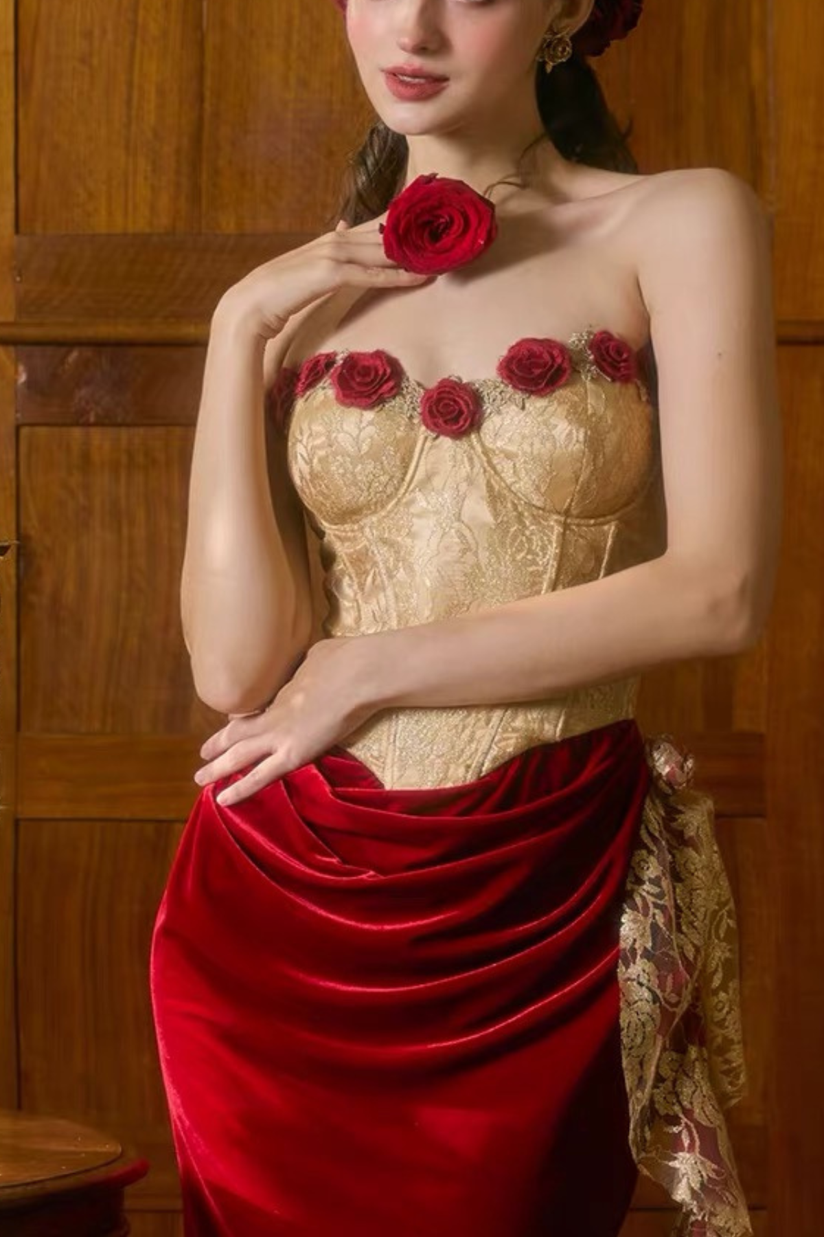 Olivia Vintage Jacquard Corset Red Velvet Midi Dress Avalabel