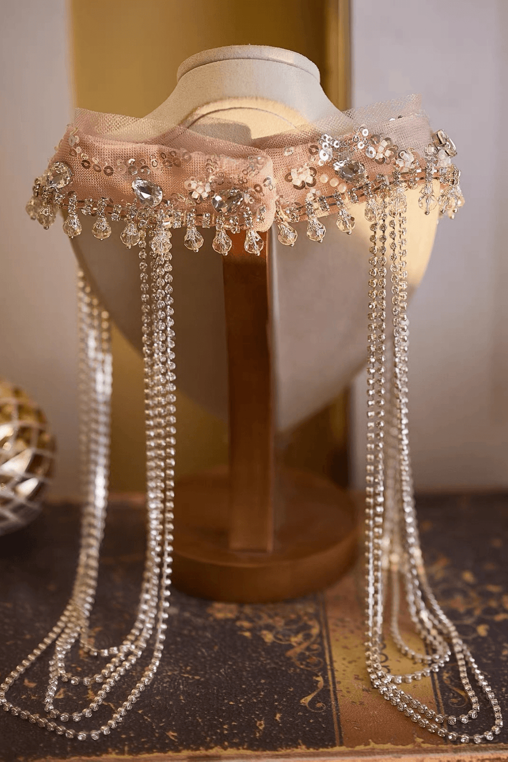 Pink Crystal Pearl Long Fringe Choker Necklace Avalabel
