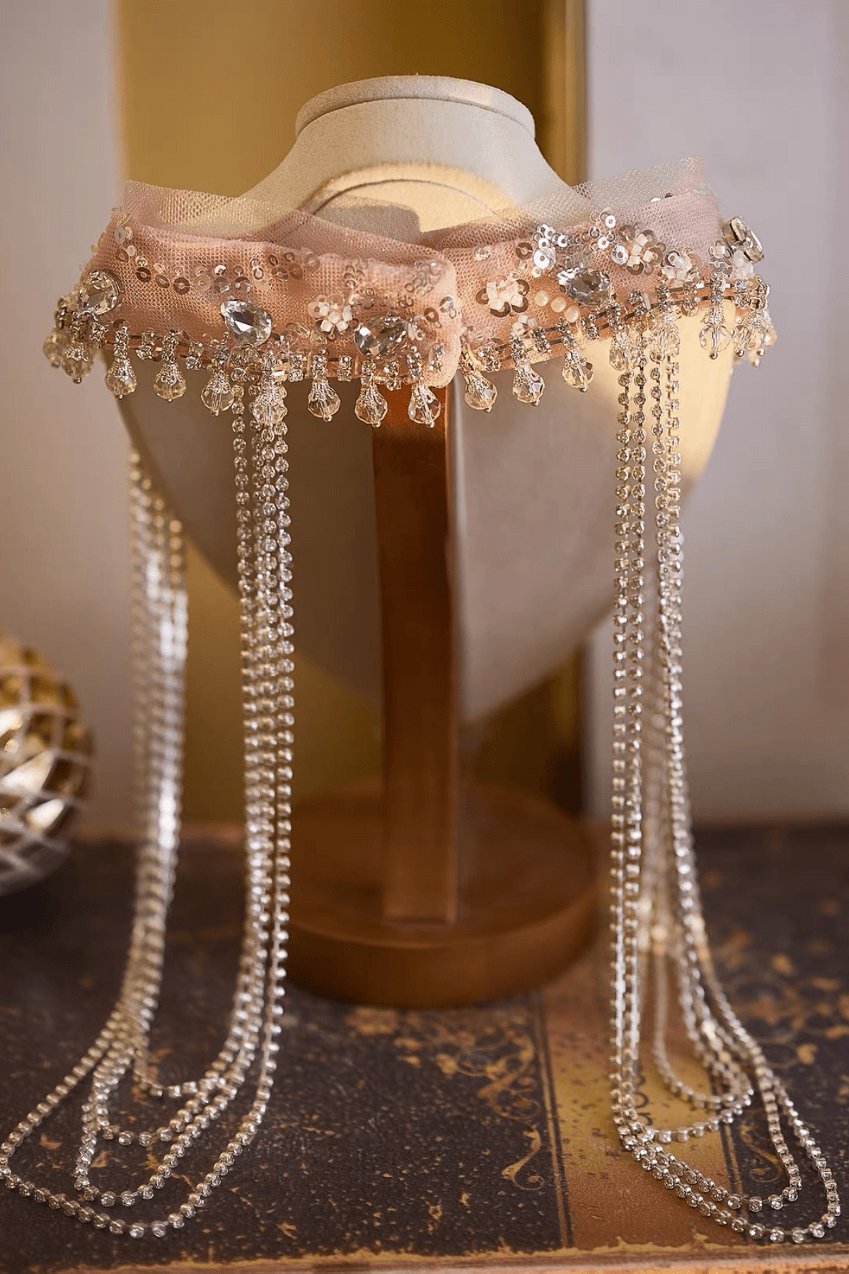 Pink Crystal Pearl Long Fringe Choker Necklace Avalabel