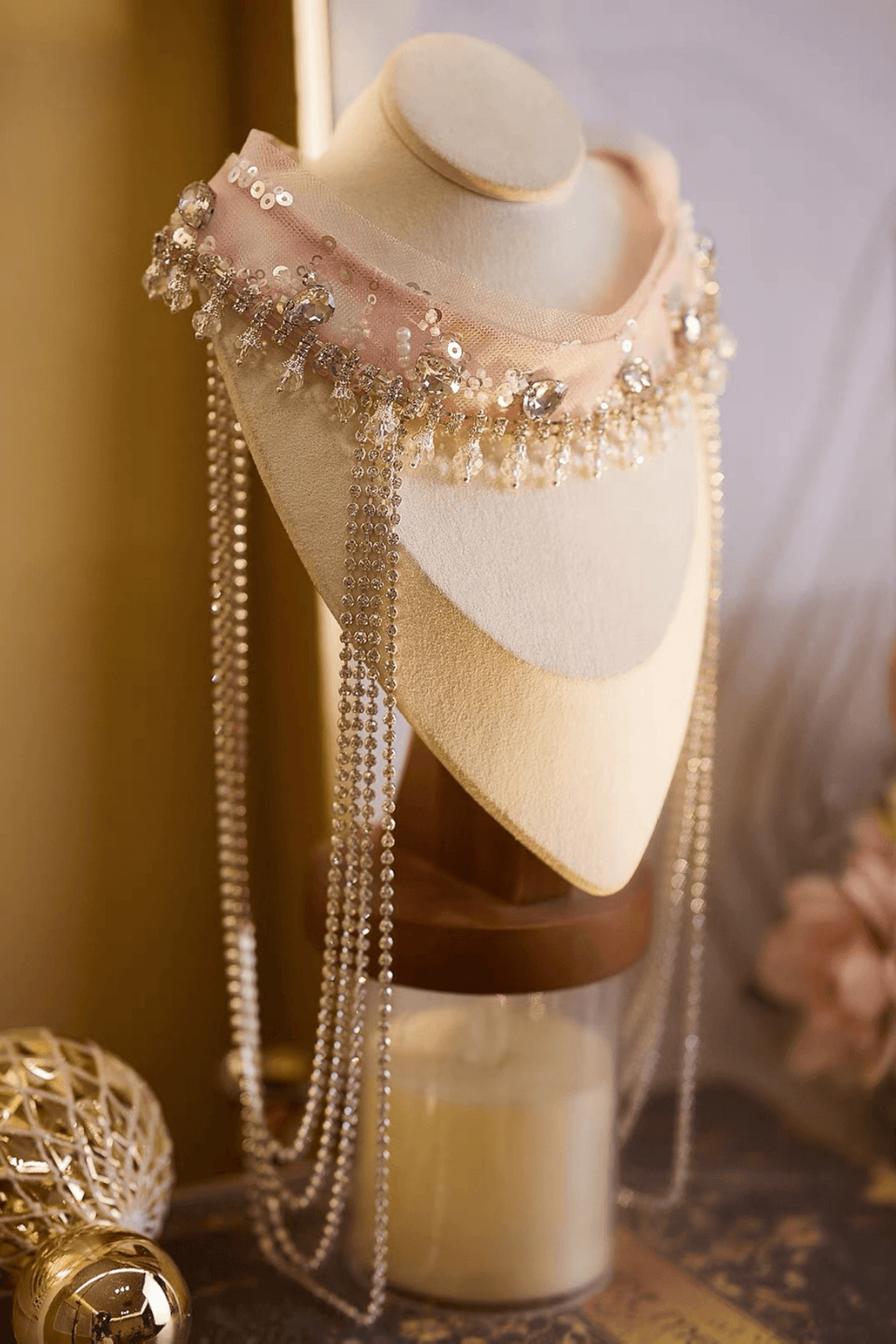 Pink Crystal Pearl Long Fringe Choker Necklace Avalabel
