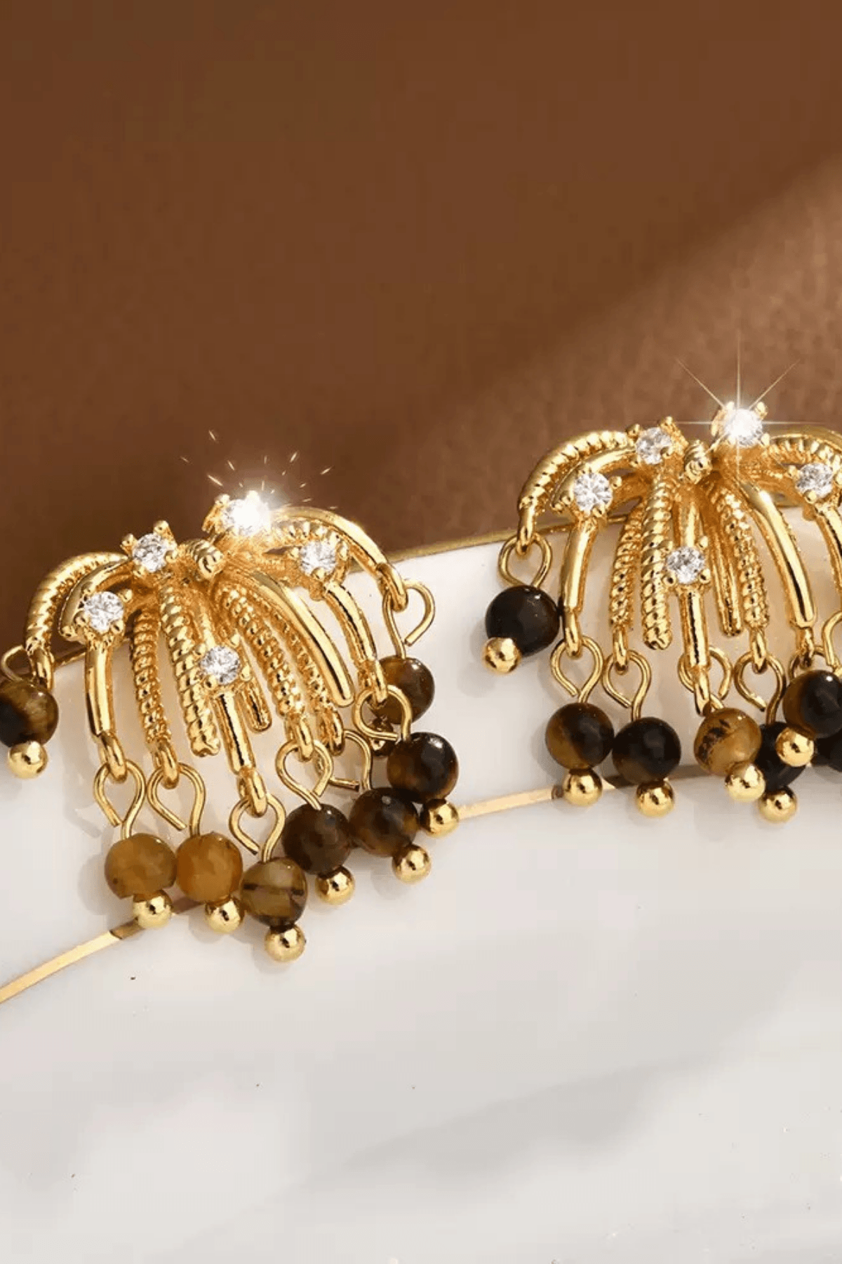 Gold Tiger‑Eye Crystal Tassel Earrings Avalabel