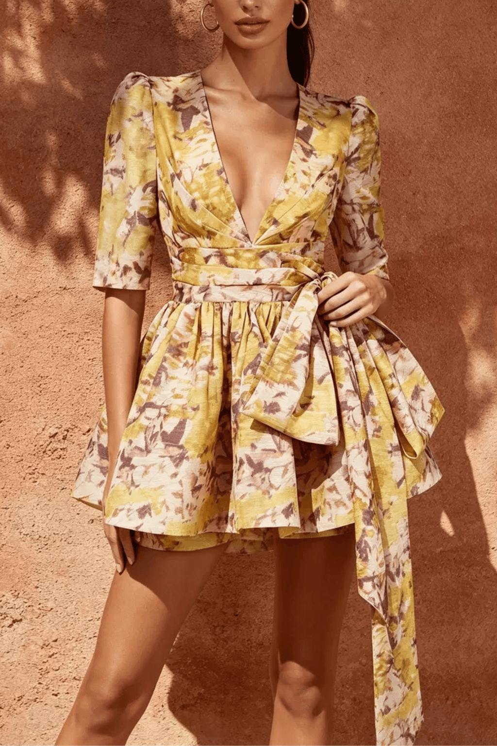 Carol Yellow Print Deep V Tie Waist Mini Dress Avalabel
