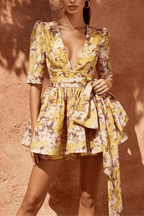Carol Yellow Print Deep V Tie Waist Mini Dress Avalabel