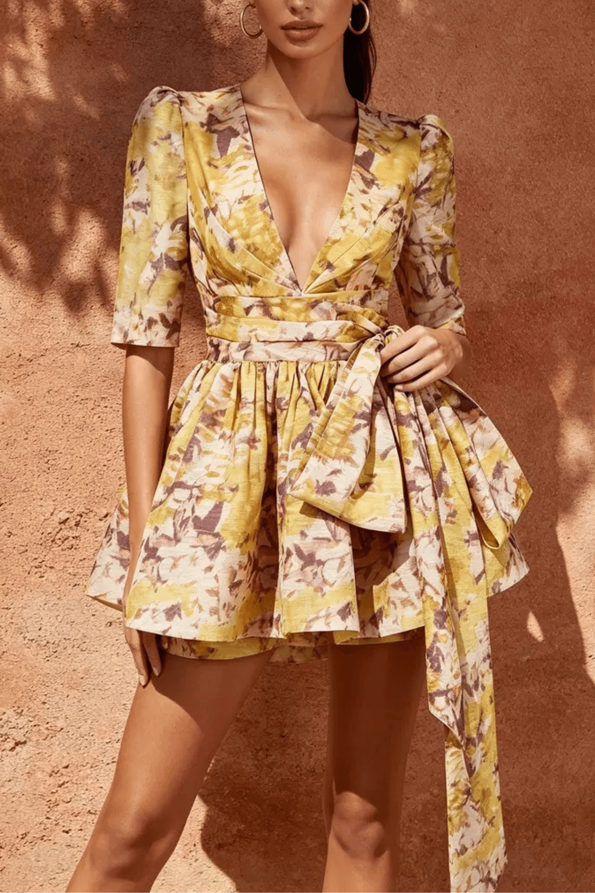 Carol Yellow Print Deep V Tie Waist Mini Dress Avalabel