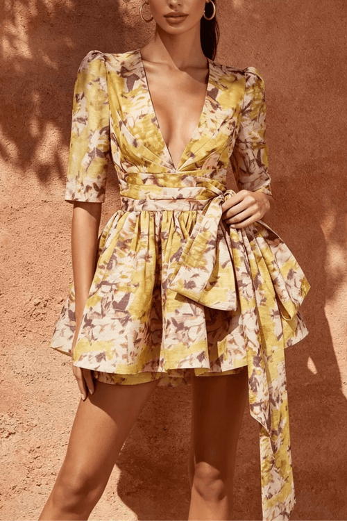 Carol Yellow Print Deep V Tie Waist Mini Dress Avalabel