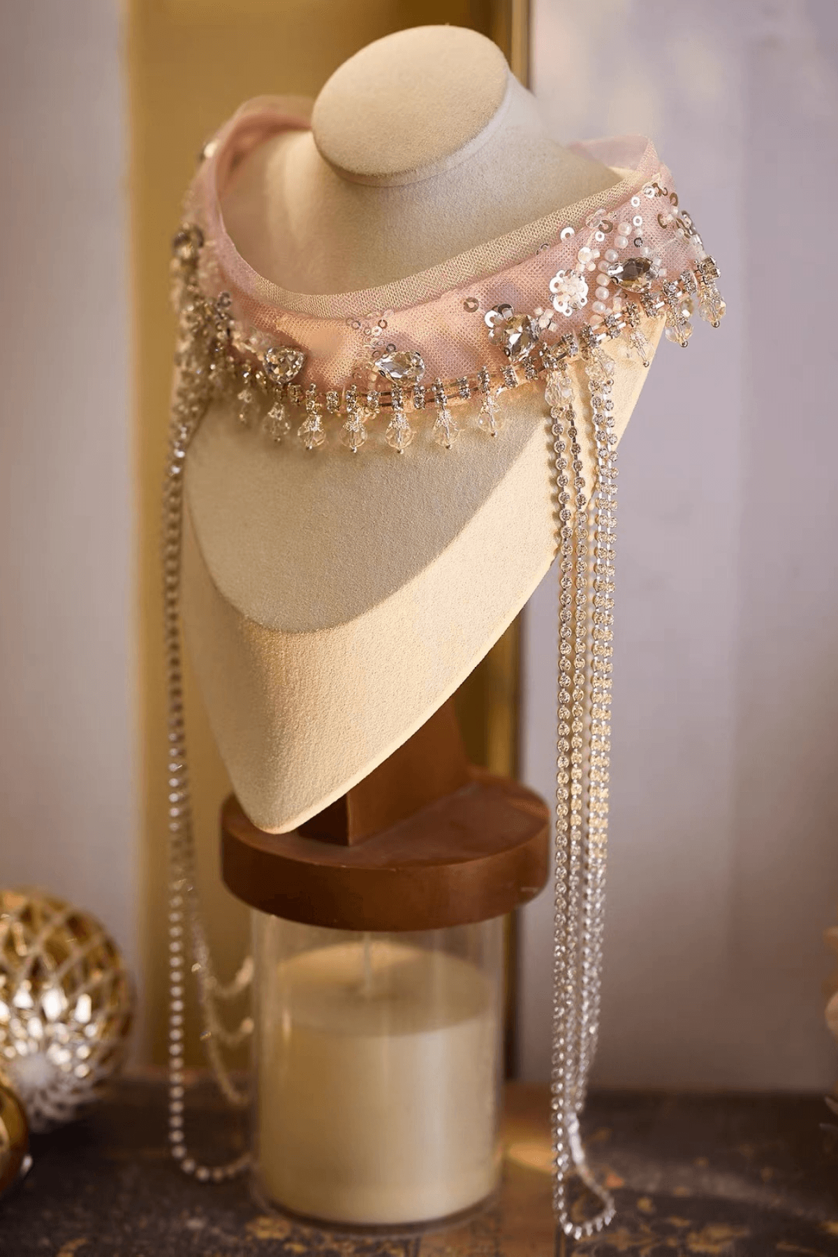 Pink Crystal Pearl Long Fringe Choker Necklace Avalabel