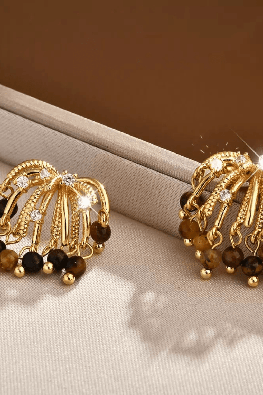 Gold Tiger‑Eye Crystal Tassel Earrings Avalabel