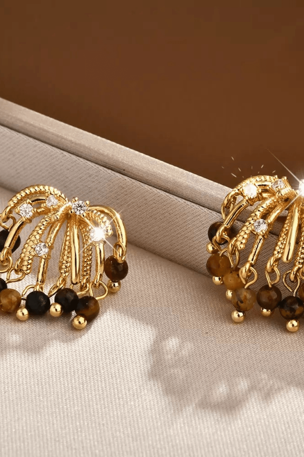 Gold Tiger‑Eye Crystal Tassel Earrings Avalabel
