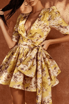 Carol Yellow Print Deep V Tie Waist Mini Dress Avalabel