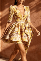 Carol Yellow Print Deep V Tie Waist Mini Dress Avalabel