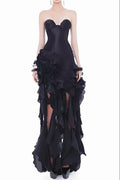 sabrina Ruffle Crystal strapless midi dress in black Avalabel