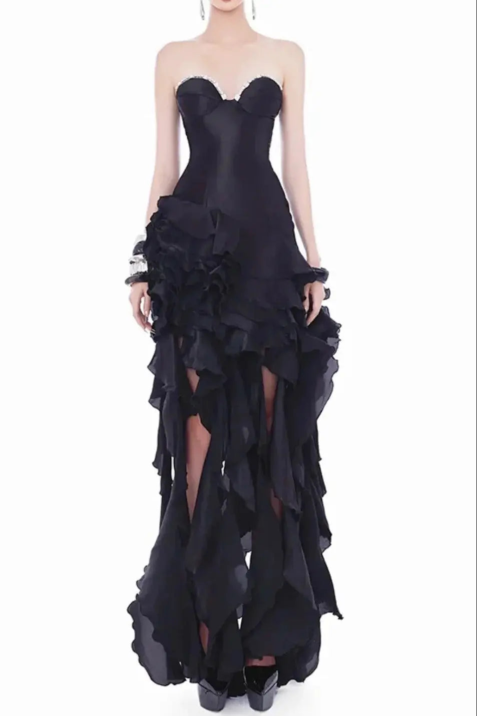 sabrina Ruffle Crystal strapless midi dress in black Avalabel