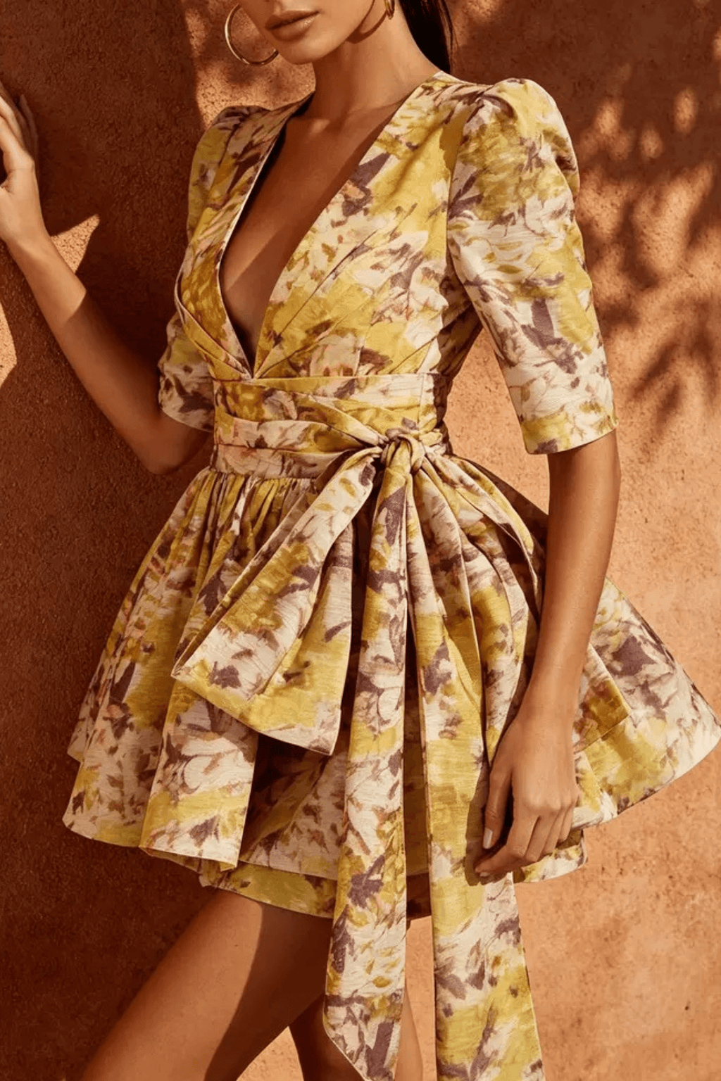 Carol Yellow Print Deep V Tie Waist Mini Dress Avalabel
