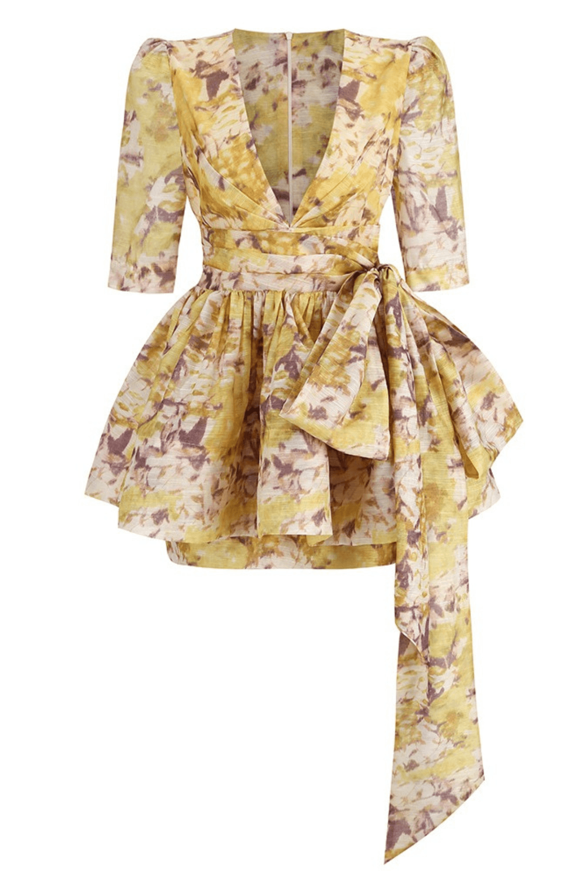 Carol Yellow Print Deep V Tie Waist Mini Dress Avalabel