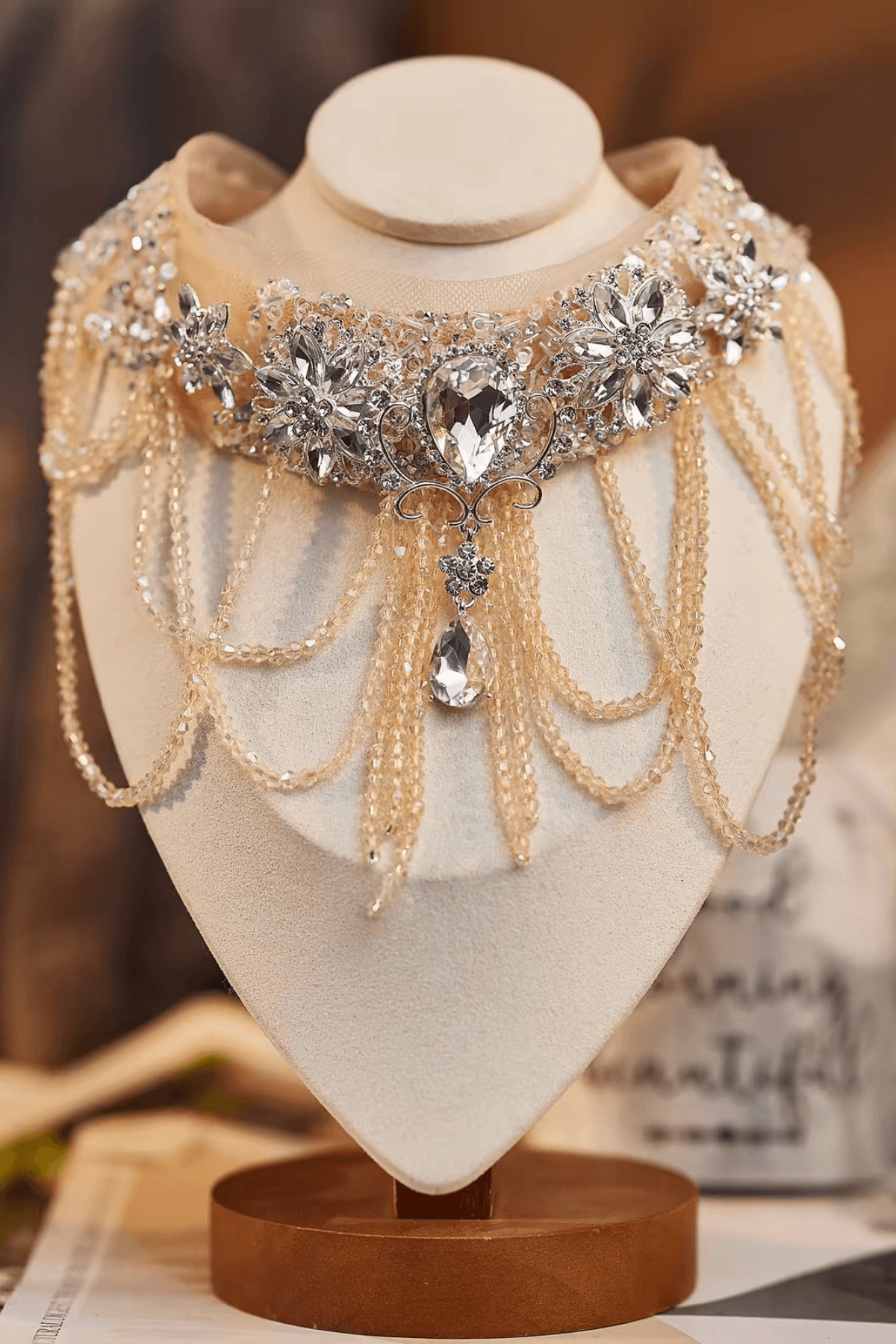 Champagne Floral Crystal Long Fringe Choker Necklace Avalabel