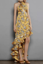 Tiffany Yellow Floral Halter Neck Ruffle Maxi Dress Avalabel